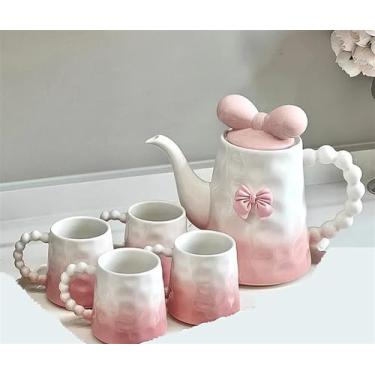 Imagem de Conjunto de chá da tarde chaleira doméstica xícaras de café de cerâmica caneca de leite arco de bule de chá bonito feminino conjunto de chá da tarde conjunto de chá de cerâmica gradiente rosa conjunto