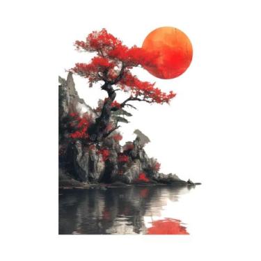 Imagem de Pintura Em Tela De Guerreiro Samurai Da Lua Vermelha, Paisagem Japones