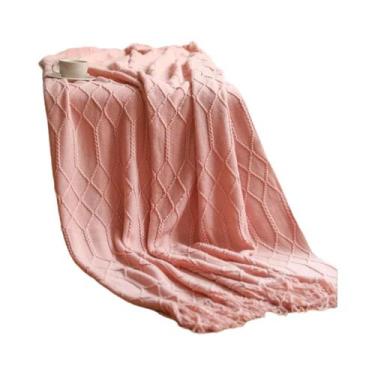 Imagem de Cobertor Leve De Acrílico Tricotado Em Estampa Xadrez Rosa Com Franjas