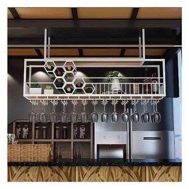 Imagem de Rack de garrafa de vinho montado no teto, prateleiras de bebidas de bar prateleira com suporte de vidro rack de exibição suspenso para bar de casa sala de jantar decoração de cozinha (cor: preto