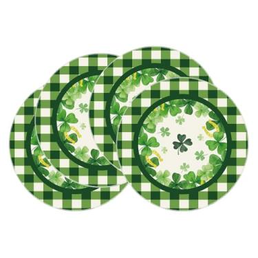 Imagem de XCHI Jogo americano redondo xadrez verde trevos de quatro folhas, ferraduras, dia de São Patrício, conjunto de 4 tapetes de mesa para festa, casa, cozinha, decoração de mesa de jantar, 35 x 35 cm
