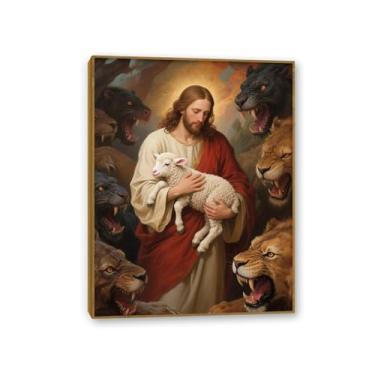 Imagem de Leão de Judá Pictures Decoração de parede A proteção do pastor Jesus e Cordeiro arte de parede em tela decoração de casa para igreja sala de estar 40 x 30 cm (16 x 12 polegadas) moldura dourada