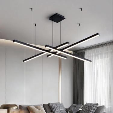 Imagem de Luminária pendente LED preta para sala de estar, sala de jantar, quarto e corredor, modelo BD409, com altura ajustável, design moderno e linear (120 cm de comprimento, 84 W, luz quente 3000