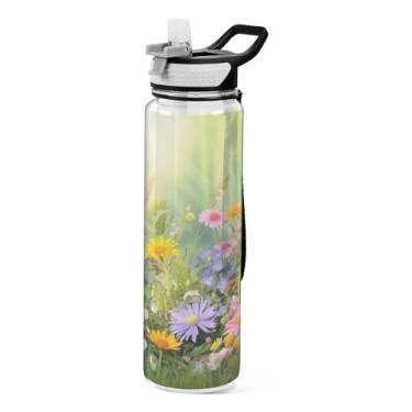 Imagem de Burbuja Garrafa de água Wild Flowers de 940 ml com tampa de palha, à prova de vazamento e livre de BPA para academia, esportes ao ar livre