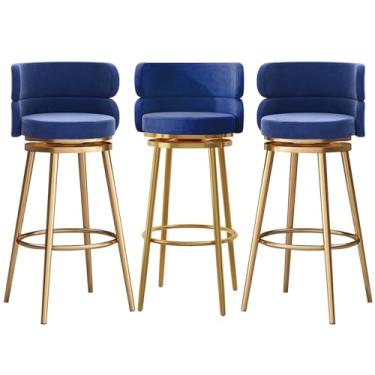 Imagem de Conjunto de 3 bancos de bar estofados, cadeiras giratórias para café da manhã com 65 cm de altura, bancos de cozinha com encosto alto, apoio para os pés de metal preto, azul