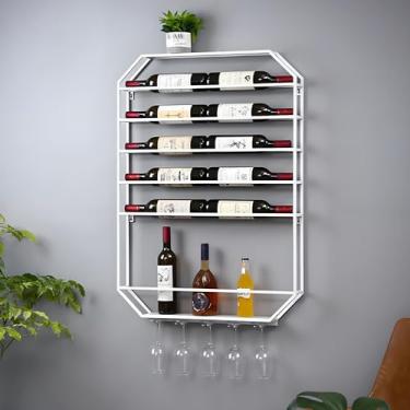 Imagem de Rack de vinho de metal branco montado na parede, prateleira de barra de ferro flutuante, exibição de garrafa de licor elegante com suporte de vidro, solução multifuncional de armazenamento de vinho
