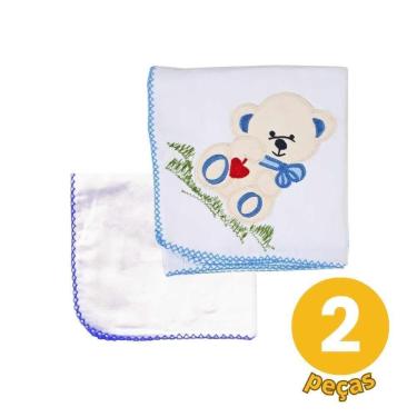 Imagem de Kit 2 Pçs Azul 1 Cueiro Liso+1 Cueiro Bordado Bebê Enxoval