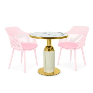 Imagem de Conjunto Mesa De Jantar Redonda Imperial 70cm Branca Com 2 Cadeiras Estofadas Marcela - Rosa