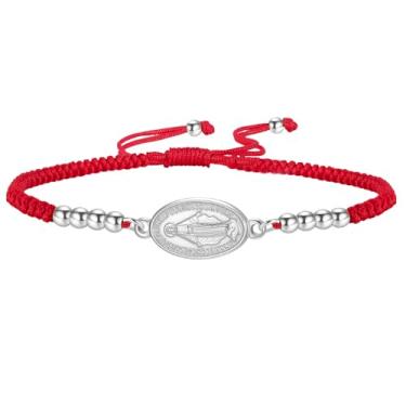 Imagem de Amaxer Pulseira ajustável deslizante dupla face com medalha da Virgem Maria tecida à mão corda colorida joia religiosa católica, Medium, Aço inoxidável, Sem Pedra Preciosa