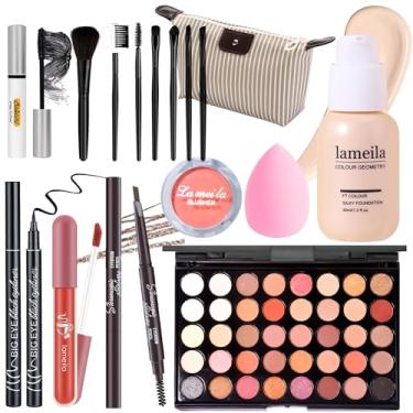 Imagem de YBUETE Kit completo de maquiagem para meninas, adolescentes e mulheres, conjunto de presente de maquiagem, inclui sombra, base, blush, lápis de sobrancelha, rímel, delineador, pincéis, brilho labial