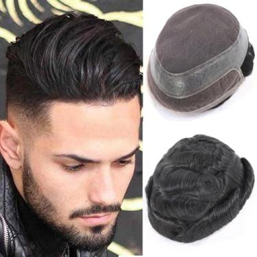 Imagem de HAPPY&CC Toupee for Men Real Human Men's Hair Replacement System Respirável Pele Fina Renda Suíça Média Densidade Leve Unidades de Cabelo Peça para Homens 20.3x25.4 cm #1B Off Black