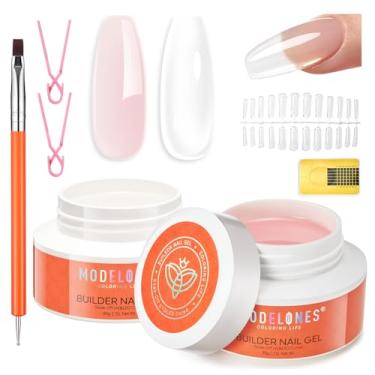 Imagem de modelones Gel Builder para unhas 2 cores, kit de unhas de gel rígido de 25,4 cm em um, nude transparente com escova de extremidade dupla, grampos de acrílico, 100 peças de formas de papel para