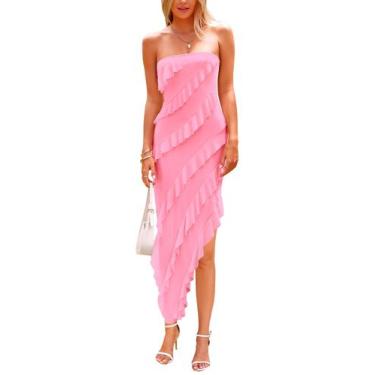 Imagem de Vestido PRETTYGARDEN Longo sem alça com Babados Rosa Claro XL