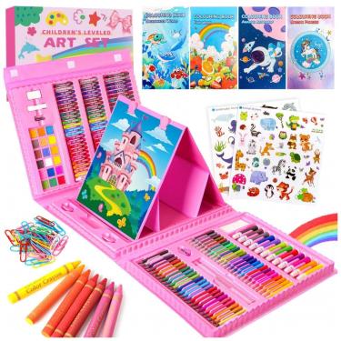 Imagem de Kit de arte 332 peças TDHDIKE infantil com estojo rosa, cavalete triplo dupla face, pap...
