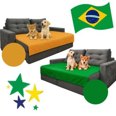 Imagem de Kit Manta Impermeável Protetora para Sofá Verde e Amarelo Copa Brasil 