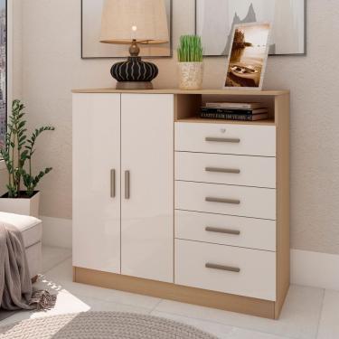Imagem de Cômoda Guatemala 5 Gavetas 2 Portas em MDF com Puxador Plástico Off White para Quarto