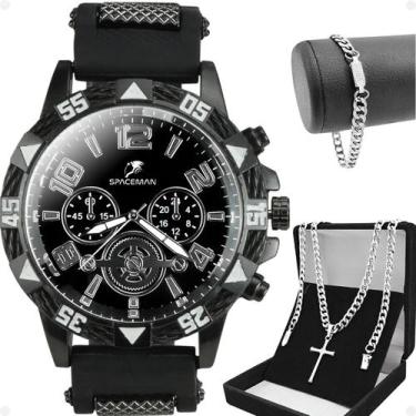 Imagem de Kit Acessórios Masculinos Relógio Analógico Preto Aço Inox Pulseira Si