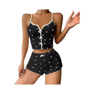 Imagem de Conjunto De Pijamas De Seda Com Estampa De Coração Para Mulheres, Top 
