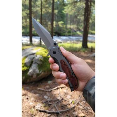 Imagem de 2x Canivete Tático Aço Inox Madeira Marrom Resistente 223mm - Congratu