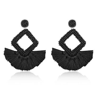 Imagem de Brincos pendentes de borla - Brincos de franja quadrada com contas boêmias brincos para mulheres Preto