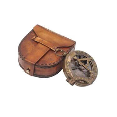 Imagem de Bússola de relógio de sol vitoriana gravável – acabamento em latão antigo com estojo de couro – relógio de sol aberto para navegação, caminhadas, presentes e decoração – vintage colecionável para