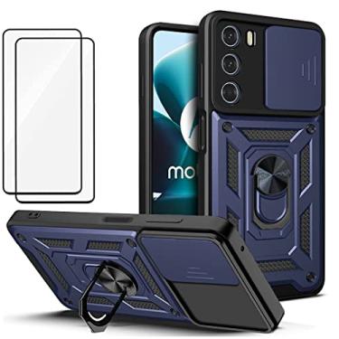 Imagem de Capa para Motorola Moto G51 5G Capinha | com 2 protetores de tela temperados, janela deslizante de proteção da câmera integrada e suporte para telefone - Azul