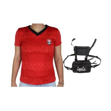 Imagem de Shoulder Bag Bolsa E Camiseta Flamengo Feminina Torcedor Kit Rubro Neg