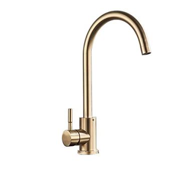 Imagem de Torneira de cozinha fosca de aço inoxidável Deck Torneira de pias Arco alto giratório de 360 graus Torneira de água quente e fria, ouro escovado