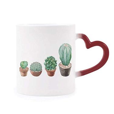 Imagem de Suculentas Cacto em vaso com ilustração de planta sensível ao calor, caneca xícara de grés que muda de cor vermelha