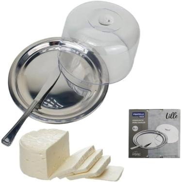 Imagem de Porta Queijo Inox Com Tampa Acrilico Queijeira Bandeja Queijo Minas Redondo Fratelli Linha Lille Com Faca 3 Peças	