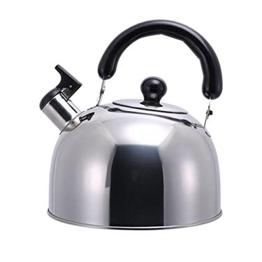 Imagem de Chaleira de acampamento de água para fogão a gás, chaleira chaleiras, dispensadores de água quente pequenos ao ar livre de aço inoxidável bipe após a água ferver alça anti-queimadura (prata, 4L)