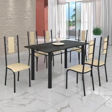 Imagem de Conjunto Sala de Jantar Bahia Mesa Tubo 140x75cm Tampo Pedra Ardósia Indiana com 6 Cadeiras Creme/Preto Fosco