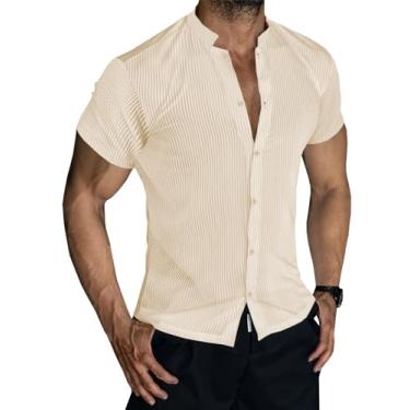 Imagem de Runcati Camisa masculina casual de botão manga curta canelada hippie praia verão, Bege, M