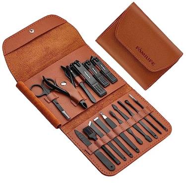 Imagem de Presentes para homens, conjunto de manicure FAMILIFE kit de cortadores de unhas e pedicure kit de manicure conjunto de cortadores de unhas 16 peças kit de cuidados masculinos conjunto de manicure profissional aço inoxidável couro marrom kit de unhas