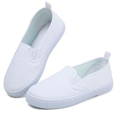 Imagem de Tênis infantil de lona branco para meninos e meninas, sem cadarço, leve, casual, adequado para a pele, tênis de corrida (bebês/crianças pequenas/crianças grandes), Branco, 12 Little Kid