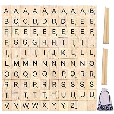 Imagem de 100pcs Wood Letter Tiles for Scrabble, Pinowu Replacement for Scrabble Letters with Wood Racks and Cloth Gift Bag Craft Playing Alphabet Coasters and Wall Decoration