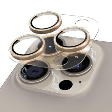 Imagem de Kanosan Para iPhone 15 Pro/iPhone 15 Pro Max Protetor de lente de câmera com glitter, acrílico transparente Plus anel de liga de alumínio 9H capa de câmera de tela de vidro temperado para iPhone 15 Pro Max/15 Pro, dourado