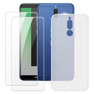 Imagem de MILEGOO Capa para Huawei Mate 10 Lite + 2 peças protetoras de tela de vidro temperado, capa de TPU de silicone macio à prova de choque para Huawei Nova 2i (5,9 polegadas) branca