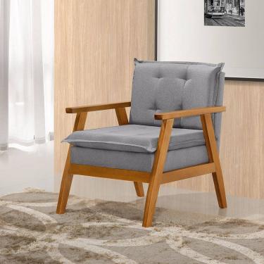 Imagem de Poltrona Sala de Estar Base em Madeira Maciça Linho Cinza Veneza