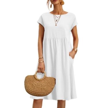 Imagem de Vestido feminino 2024 casual verão algodão com bolsos manga curta vestido midi camisa vestido, Branco liso, XXG