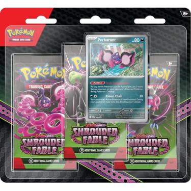 Imagem de Pokémon TCG: Scarlet & Violet—Shrouded Fable 3-Pack Blister - Pecharunt (3 pacotes de reforço e cartão promocional de folha)