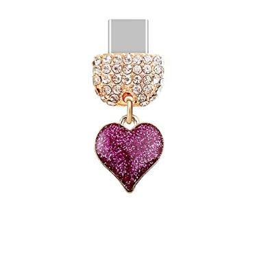 Imagem de ELISE & FONDA TP100 Tipo-C porta de carregamento USB cristal antipoeira plug coração amor celular charme para Samsung Galaxy/Huawei/OnePlus/Xiaomi/oppo novos telefones Android (rosa choque), approx.
