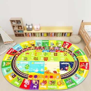Imagem de AKASISRUG ABC Tapete infantil fofo oval 140 cm × 190 cm tapete educativo de pelúcia, tapete educativo, alfabeto, animal, número, mês, temporada, antiderrapante, TPR Early Learning para sala de jogos,