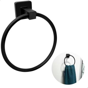 Imagem de Dona D Cor, Porta Toalha Preto Fosco argola Suporte De Parede Banheiro Luxo Toalheiro redondo Lavabo Porta Toalha De Rosto Mãos anel Metal Inox Black