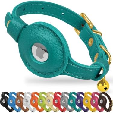 Imagem de OOPSDOGGY Coleira AirTag de couro para gatos com sino – coleira não separável com suporte para Apple Air Tag – Coleiras leves para animais de estimação com GPS para meninas, meninos, cães pequenos,