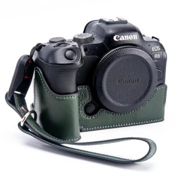 Imagem de Capa para câmera Canon EOS R6/R6II, capa de couro genuíno feita à mão para câmera Canon EOS R6/R6II versão com abertura inferior + alça de mão (verde vintage)