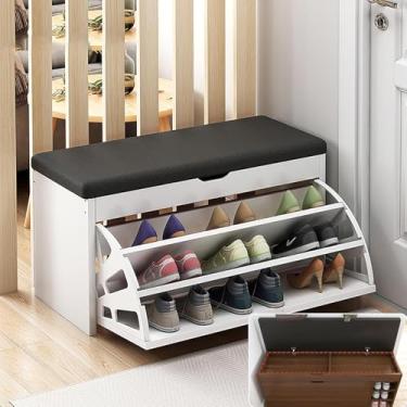 Imagem de Rack de banco de sapatos para entrada, banco de armazenamento, entrada industrial com armazenamento, espaço flip top e almofada acolchoada, corredor organizador de madeira de 3 camadas, sala