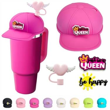 Imagem de Chapéu de silicone antipoeira para Stanley Cup 1,134 g, compatível com Stanley Cup com capa de canudo e dois pingentes, fúcsia