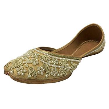 Imagem de Step n Style Sapatilhas de casamento douradas creme sapatos de designer indiano Punjabi Jutti Mojari Juti, Creme frio, 37