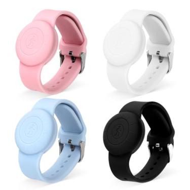 Imagem de 4 pulseiras infantis para Airtag, à prova d'água, capa completa, pulseira ajustável de silicone para rastreador GPS para Apple Air Tag (rosa, azul, branco, preto)